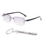 A pair of Arenzza sapphire-hard anti-blue light reading glasses with clear lenses for near and far vision, designed for eye protection.