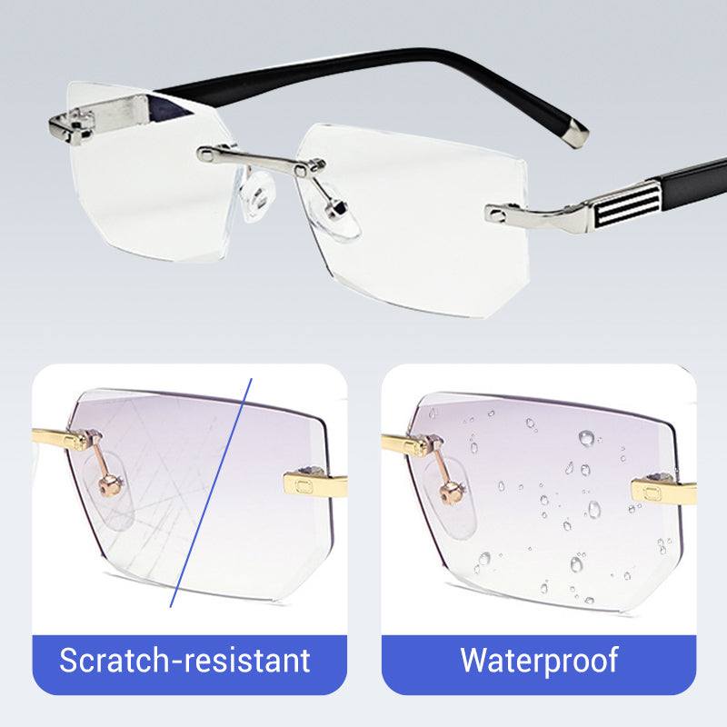 A pair of Arenzza sapphire-hard anti-blue light reading glasses with clear lenses for near and far vision, designed for eye protection.