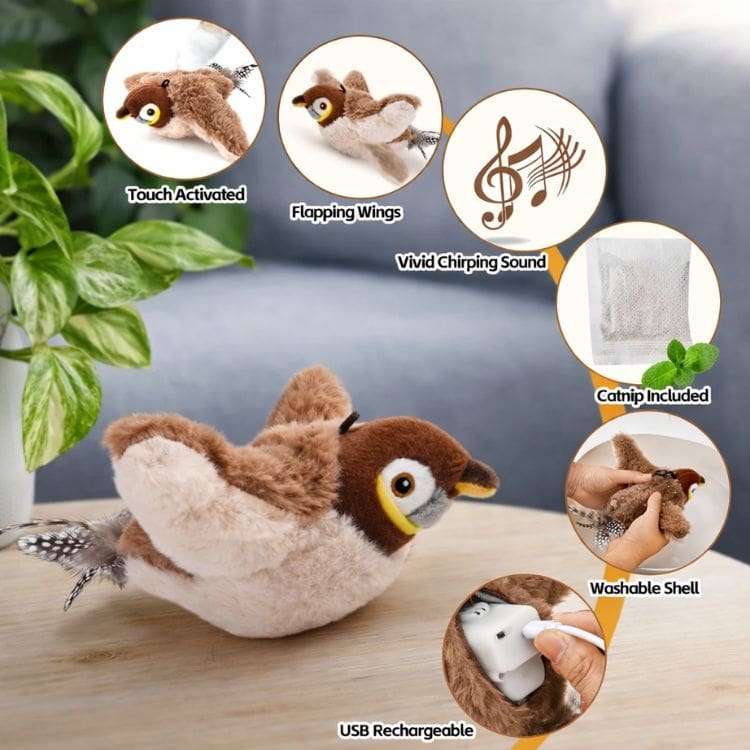 Arenzza BirdBuddy™ interactive bird toy for cats, showing colorful feathers and playful design to engage feline pets.