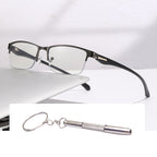 A pair of Arenzza sapphire-hard blue light reading glasses with anti-blue light lenses for far and near vision clarity.