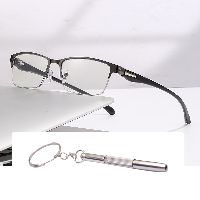 A pair of Arenzza sapphire-hard blue light reading glasses with anti-blue light lenses for far and near vision clarity.