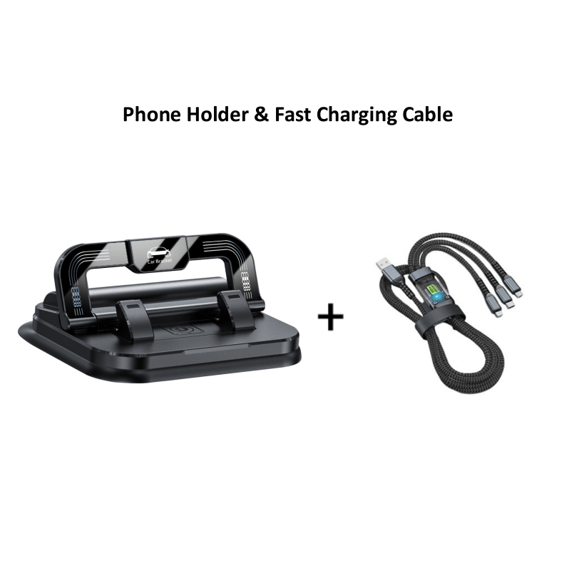 Arenzza 360° rotating foldable phone holder with anti-slip base, suitable for desk, car, and travel use, holding a smartphone.