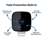 Arenzza Smart 2K Window Security Camera with ultra-HD night vision and six benefit callouts highlighting features.