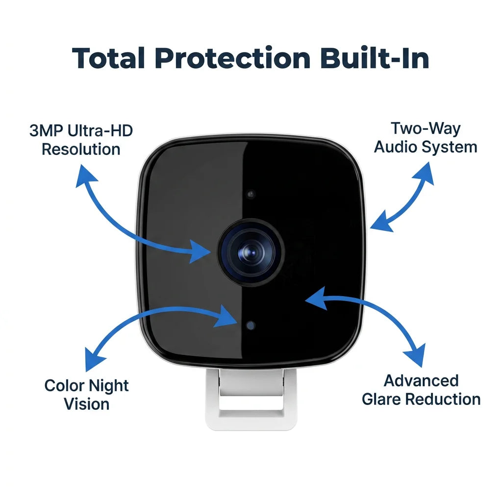 Arenzza Smart 2K Window Security Camera with ultra-HD night vision and six benefit callouts highlighting features.