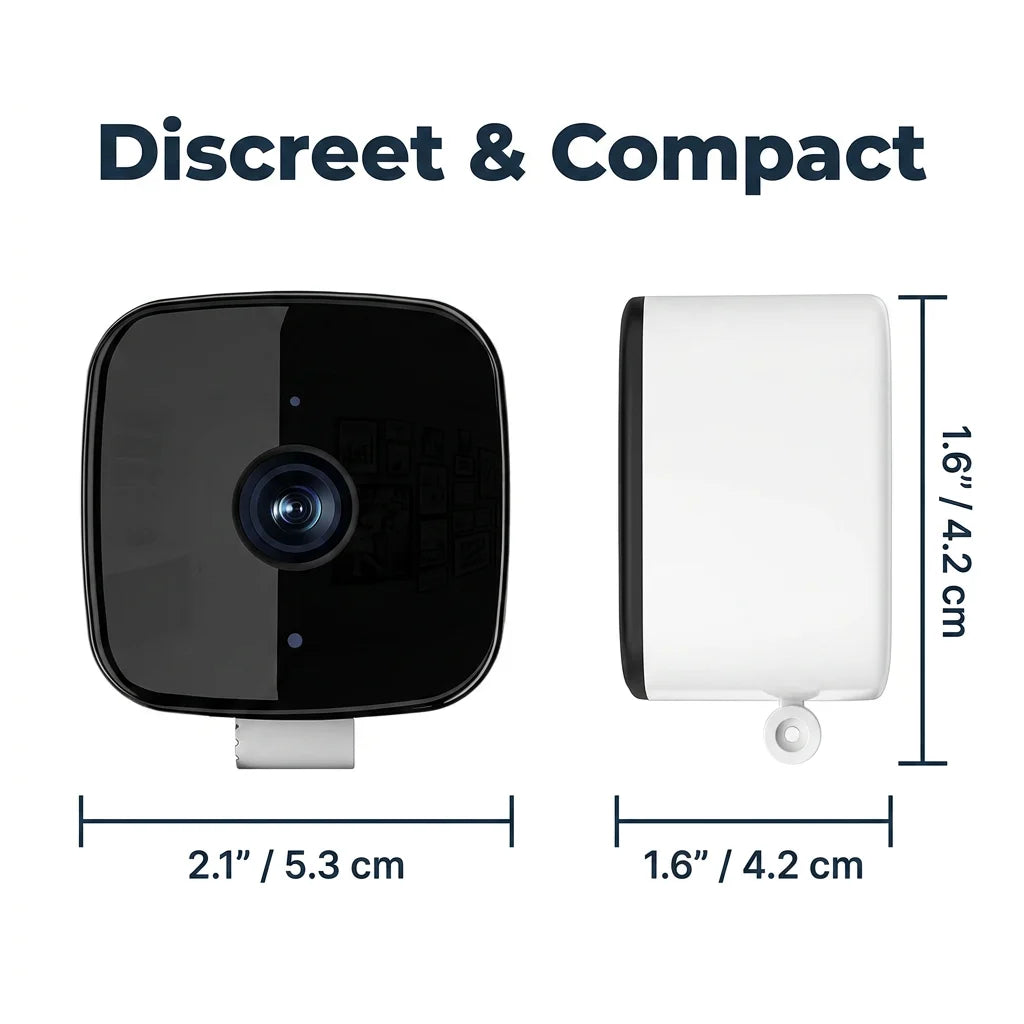 Arenzza Smart 2K Window Security Camera with ultra-HD night vision, showcasing a sleek security device with night-time visibility.