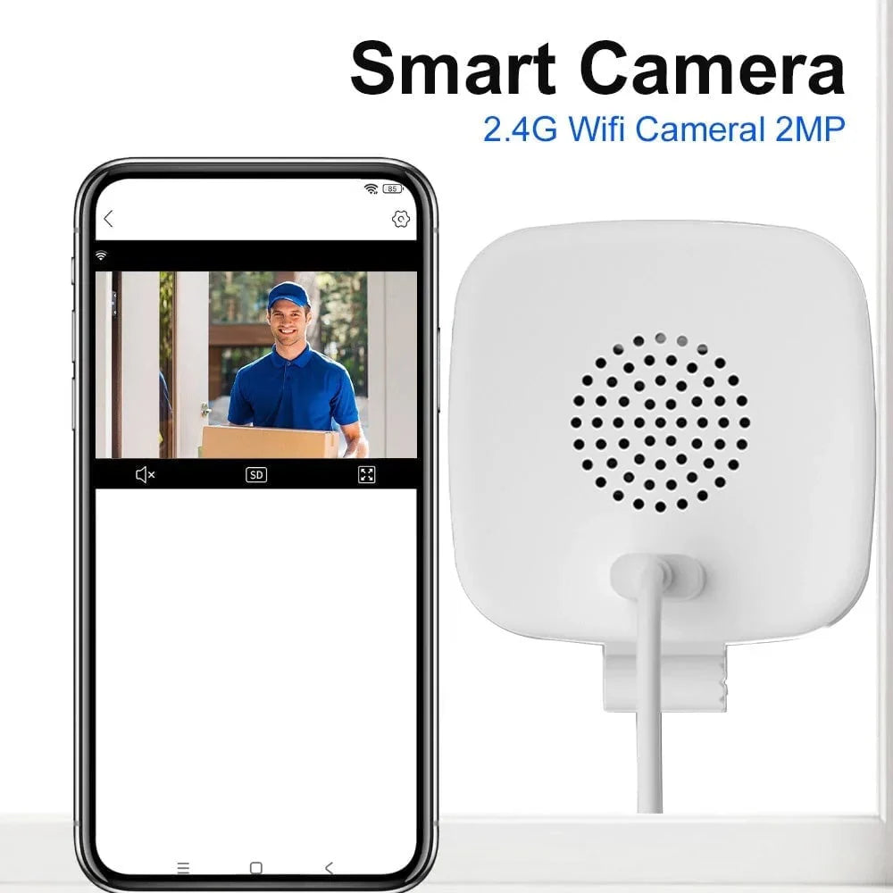 Arenzza Smart 2K Window Security Camera with ultra-HD night vision, mounted on a window frame showing clear video footage.
