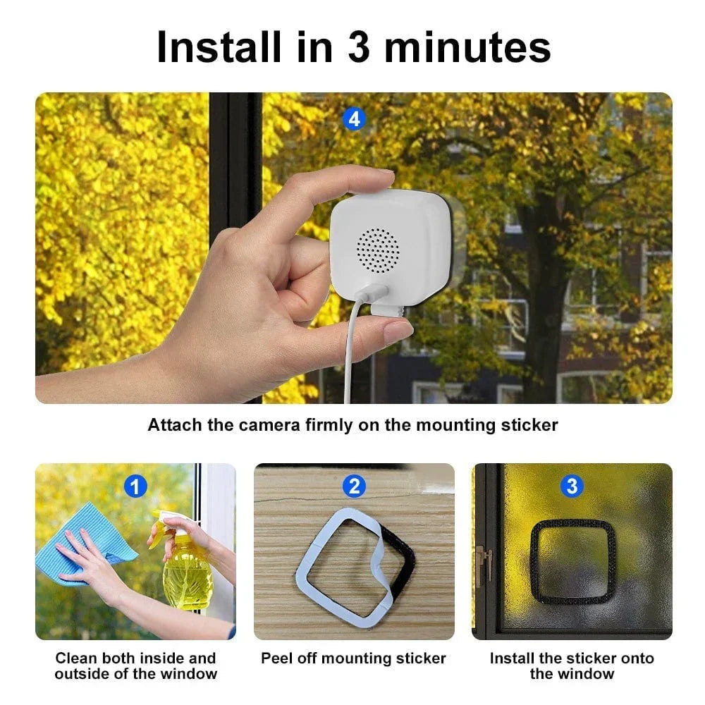 Arenzza Smart 2K Window Security Camera with Ultra-HD night vision, showing the camera mounted on a window for home security.