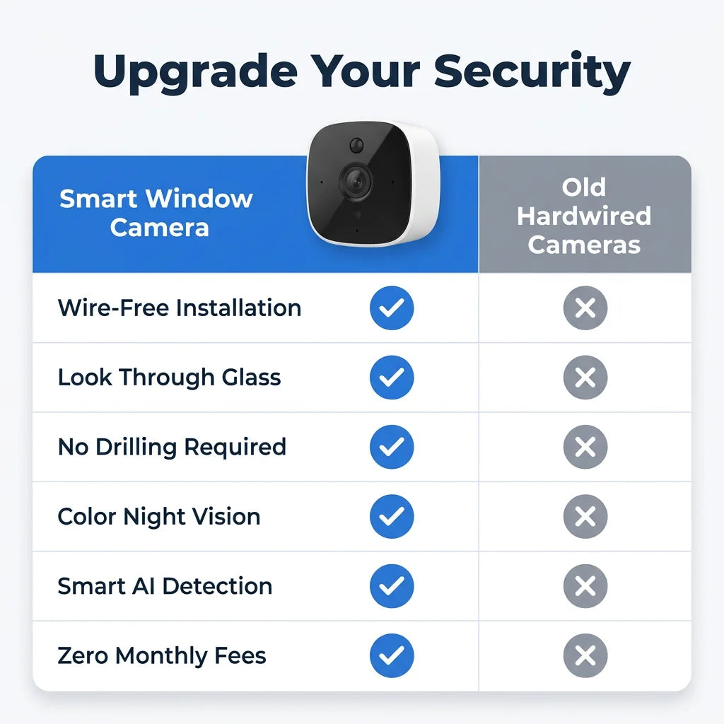 Arenzza Smart 2K Window Security Camera with Ultra-HD night vision, shown in a comparison table highlighting features and specifications.