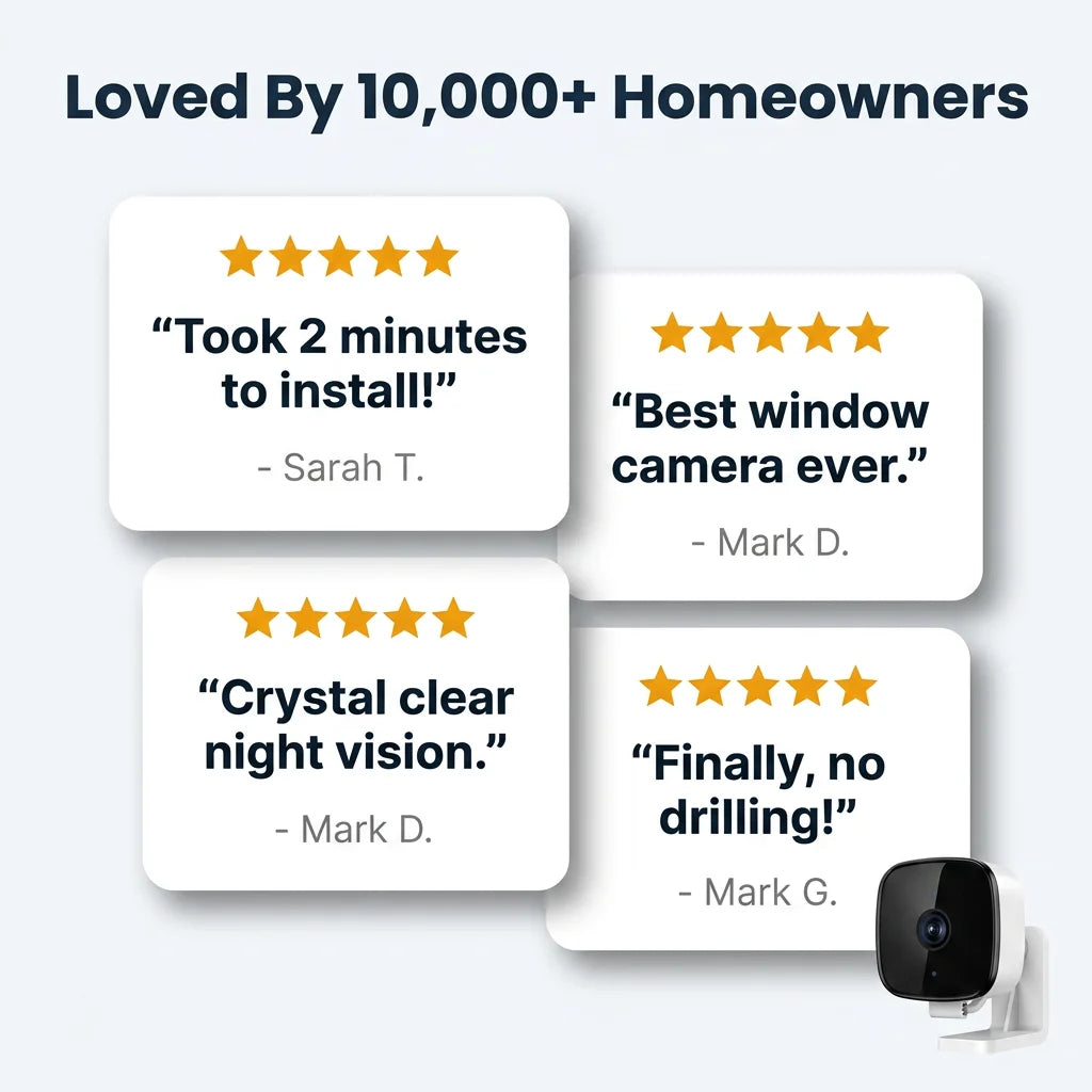 Arenzza Smart 2K Window Security Camera with Ultra-HD night vision, mounted on a window for home security monitoring.