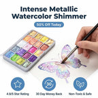 Arenzza pearlized watercolor paint set with metallic shimmer, featuring vibrant watercolor pans in a sleek container.
