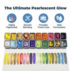 Arenzza pearlized watercolor paint set with metallic shimmer, featuring vibrant, shimmering paint pans in a colorful palette.