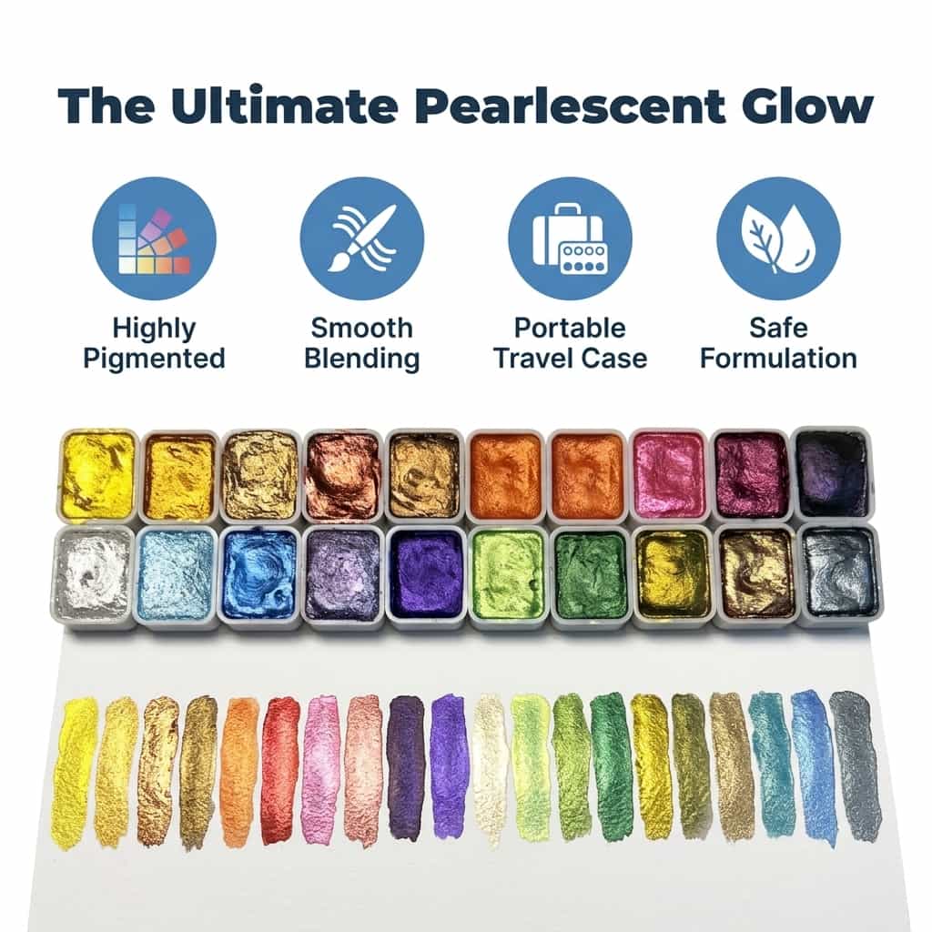 Arenzza pearlized watercolor paint set with metallic shimmer, featuring vibrant, shimmering paint pans in a colorful palette.