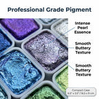Close-up of Arenzza pearlized watercolor paint set with metallic shimmer, showcasing various vibrant watercolor pans and shimmering finishes.