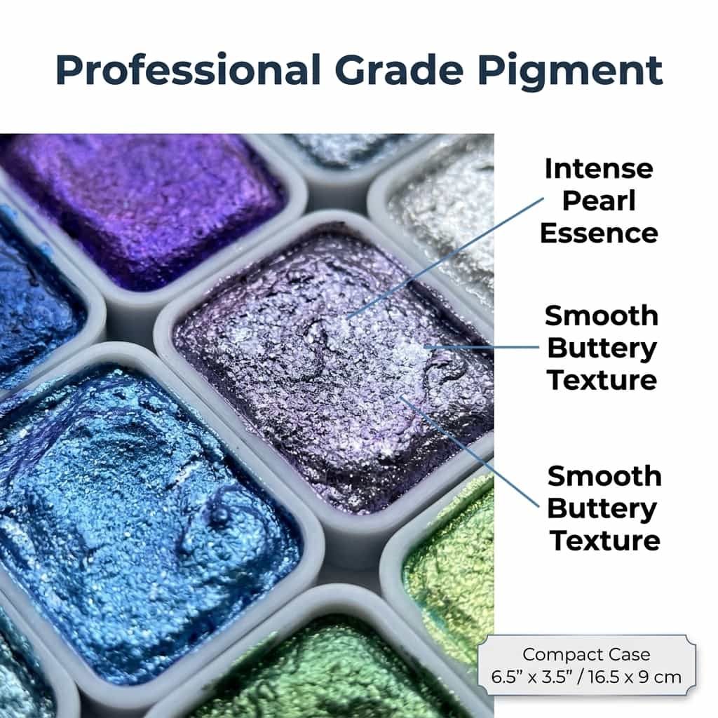 Close-up of Arenzza pearlized watercolor paint set with metallic shimmer, showcasing various vibrant watercolor pans and shimmering finishes.