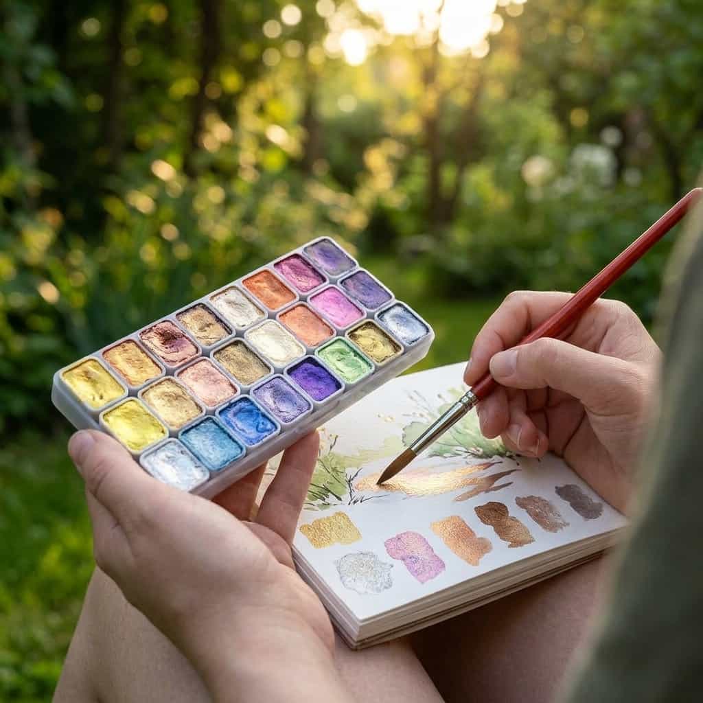 Aarenza Pearlized Watercolor Paint Set with metallic shimmer, featuring vibrant watercolor pans arranged in a compact artist's case.