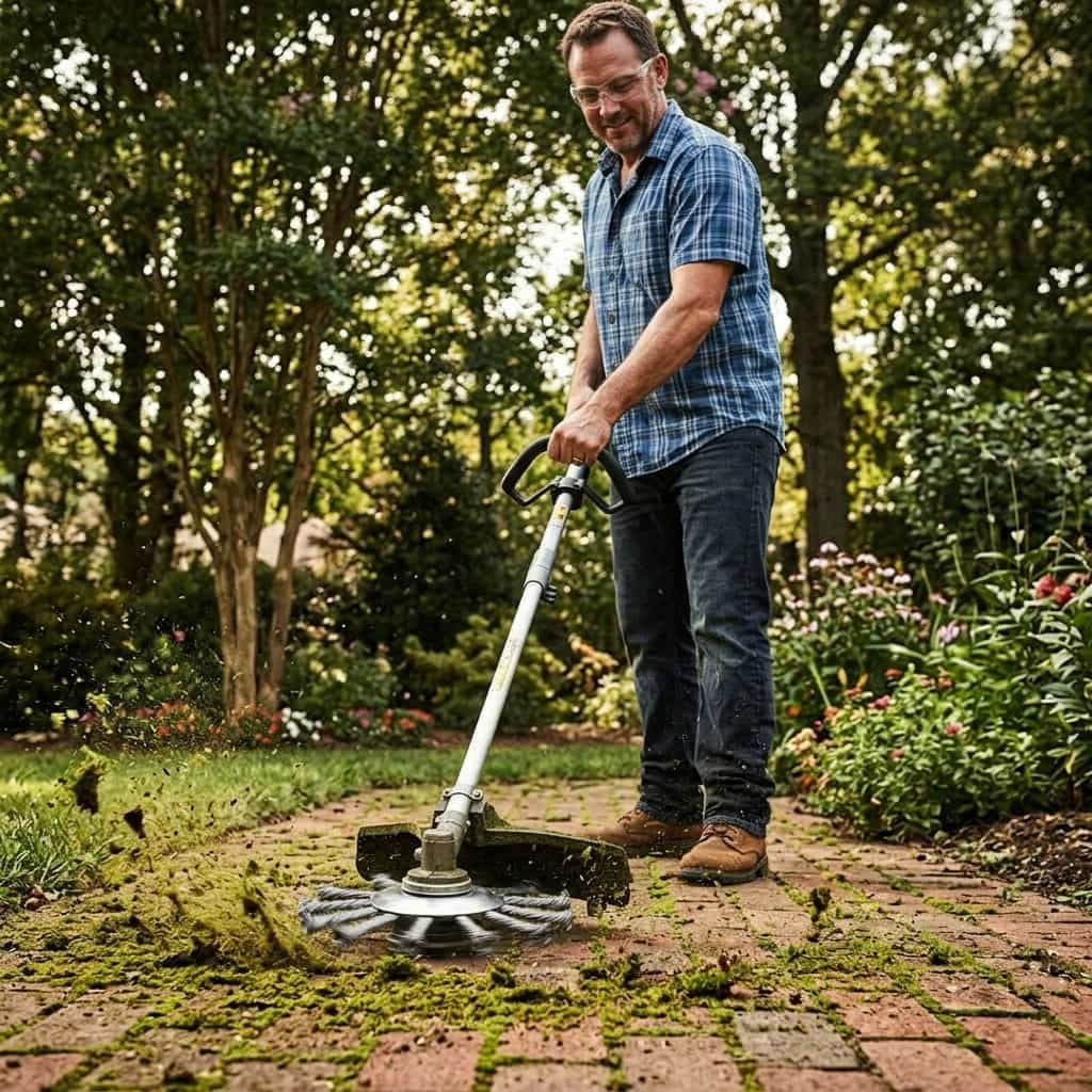 Aarenza Precision Grass Trimmer being used outdoors to trim grass edges, showcasing its lightweight design and ergonomic handle.