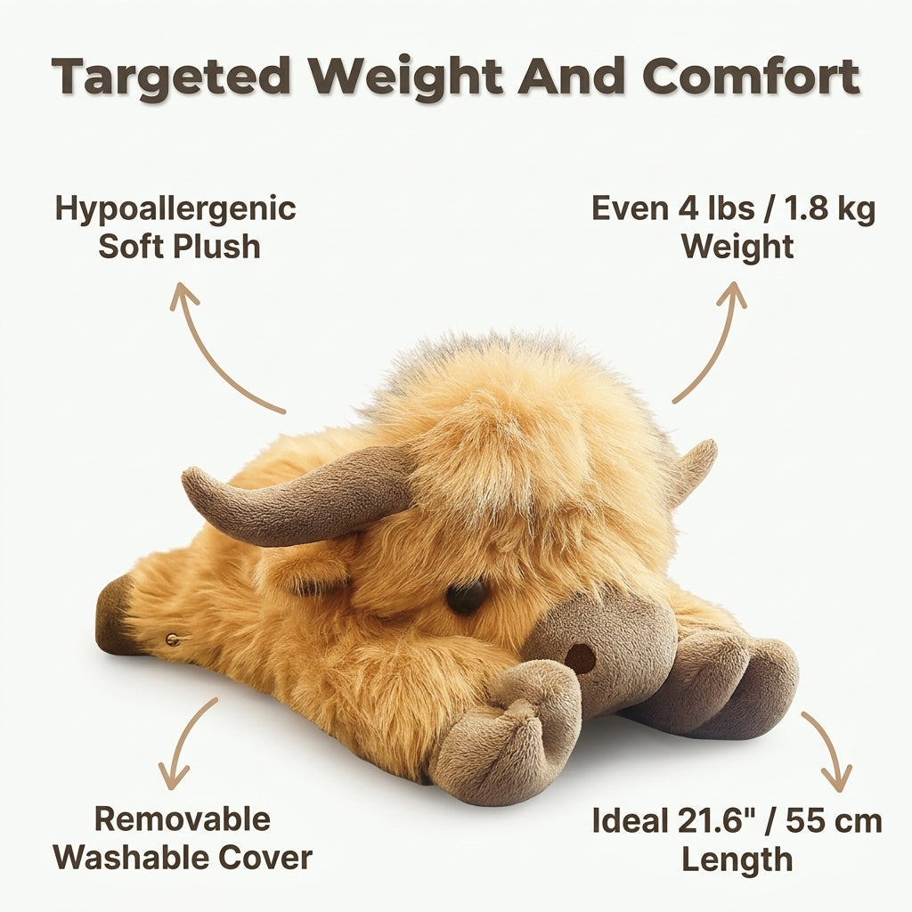 Aarenzza Highland Cow plush toy, a calming sleep companion with gentle hugs designed to soothe and reduce stress.