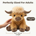 Aarenzza anti-stress Highland cow plush with soft fur, shown in a 7-dimension size diagram, designed as a calming sleep companion.