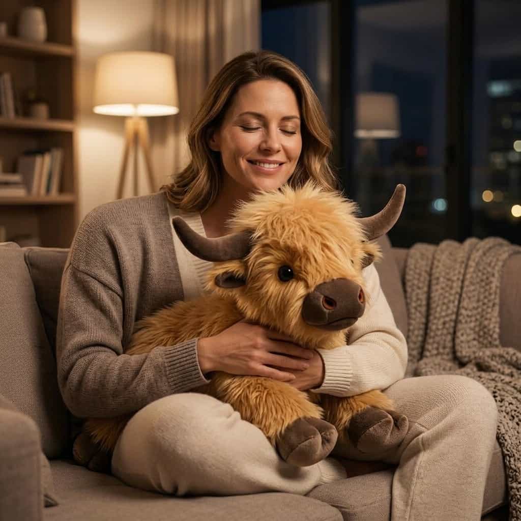 Aarenzza Highland Cow plush toy, a soft anti-stress sleep companion, shown in a cozy home setting with people relaxing.
