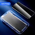 Arenzza 3C anti-peep and 4K HD glass screen protector on a Samsung Galaxy S series phone, with auto dust-elimination installation visible.