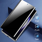 Arenzza anti-peep 4K HD glass screen protector for Samsung Galaxy S series, showing the clear, auto dust-elimination installation process.
