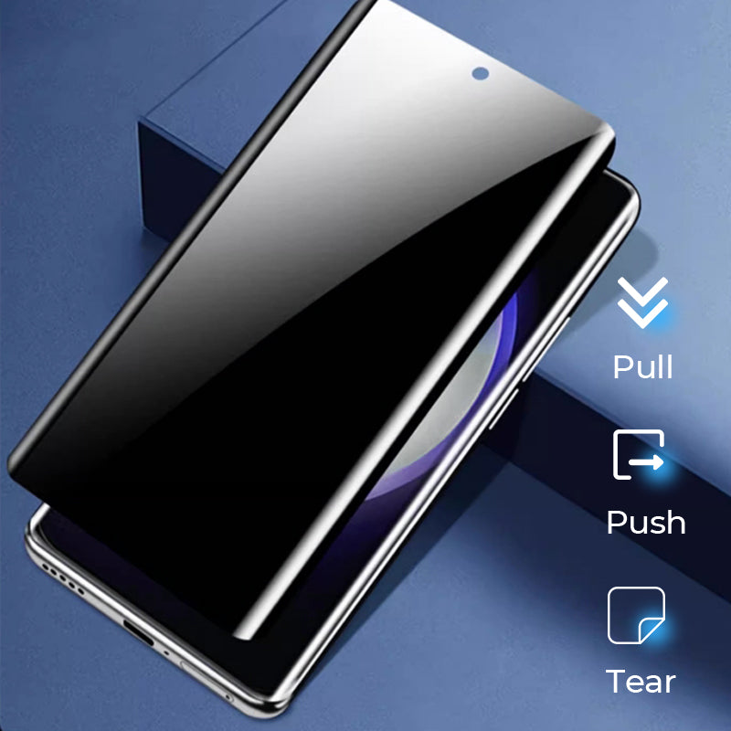 Arenzza anti-peep 4K HD glass screen protector for Samsung Galaxy S series, showing the clear, auto dust-elimination installation process.
