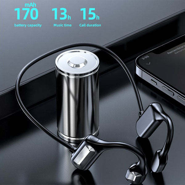 Arenzza Bone Conduction Bluetooth Headphones resting on a white surface, showcasing their sleek design and open-ear style.
