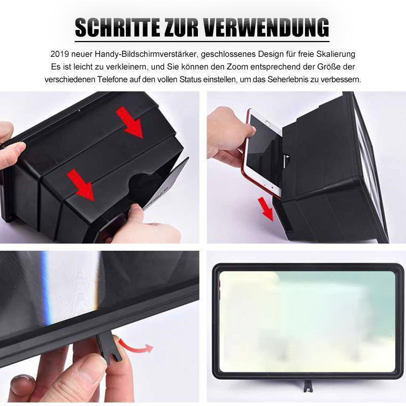 Arenzza 3D Mobile Phone Screen Amplifier for 3C devices, showing a clear, curved screen projection on a sleek, modern stand.