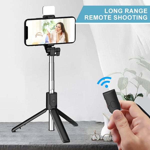 Arenzza 6-in-1 wireless Bluetooth selfie stick with phone holder, extendable arm, and built-in controls for selfies and photos.