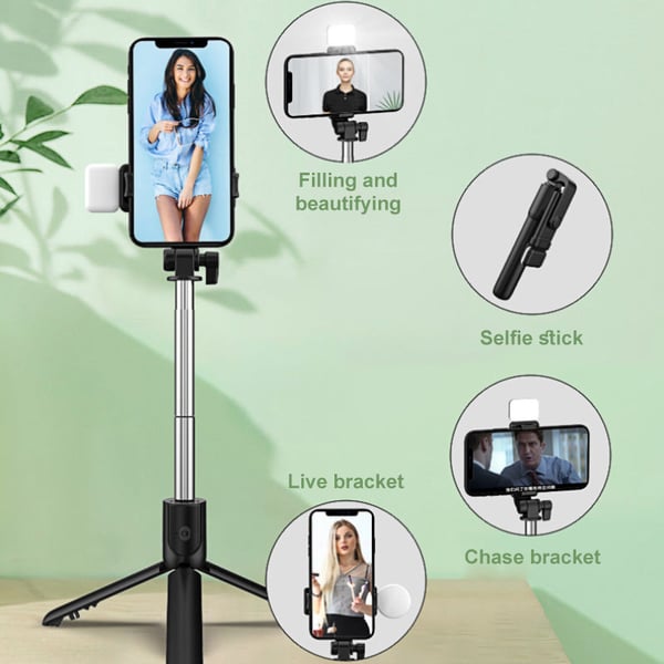 Arenzza 6-in-1 wireless Bluetooth selfie stick with adjustable phone holder and remote, ready for photos and videos.