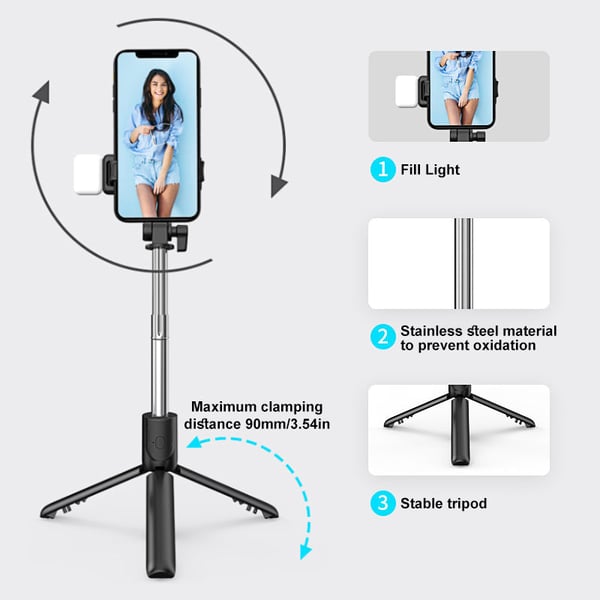 Arenzza 6-in-1 wireless Bluetooth selfie stick, 3C product, showing adjustable extendable design and Bluetooth control buttons.