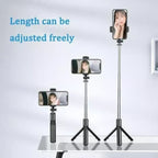 Arenzza 6-in-1 wireless Bluetooth selfie stick for smartphones, showing adjustable arm and built-in control buttons on a white background.