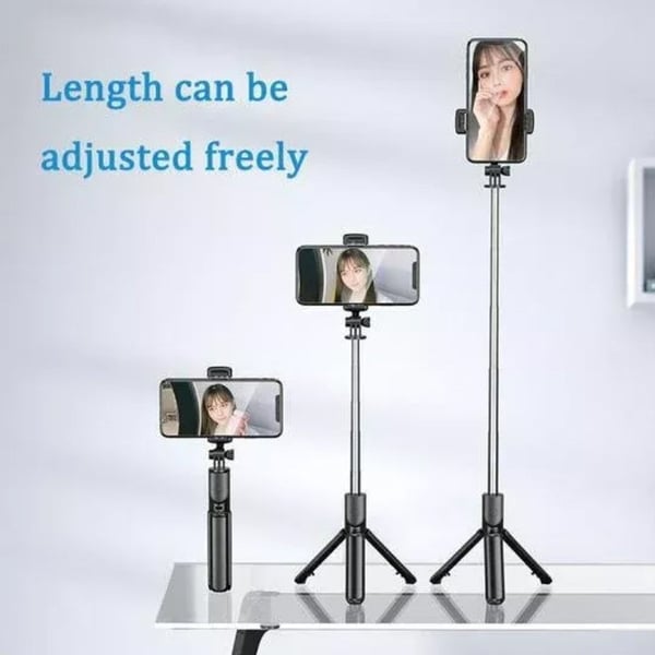 Arenzza 6-in-1 wireless Bluetooth selfie stick for smartphones, showing adjustable arm and built-in control buttons on a white background.