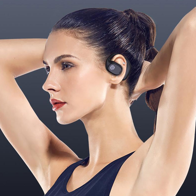 Arenzza Endurance bone conduction Bluetooth headset with ear hooks, black design, and sleek 3C earphone style.
