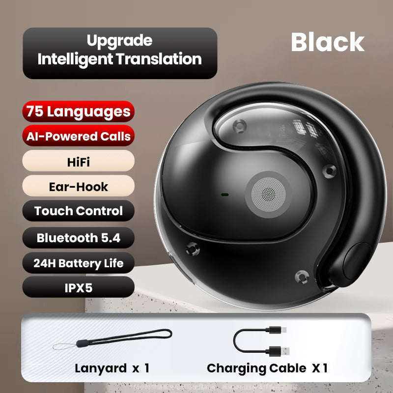 Arenzza smart Bluetooth translation earbuds in black with compact charging case, designed for seamless language translation.
