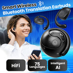 Arenzza Smart Bluetooth translation earbuds in black with compact charging case, designed for seamless language translation.