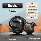 Arenzza Smart Bluetooth translation earbuds in black, shown with charging case and inline controls, designed for language translation.