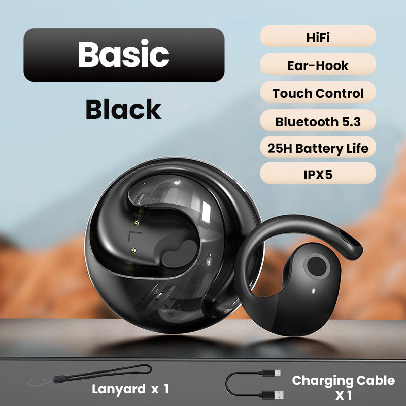 Arenzza Smart Bluetooth translation earbuds in black, shown with charging case and inline controls, designed for language translation.