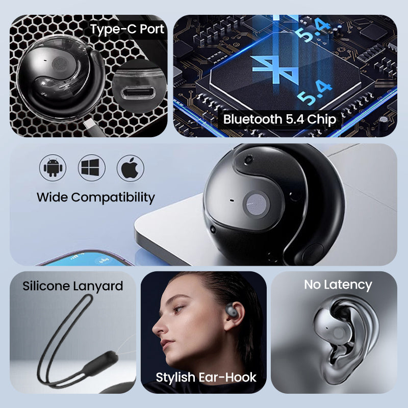 Arenzza Smart Bluetooth Translation Earbuds in black, showing the compact wireless earbud design and charging case.