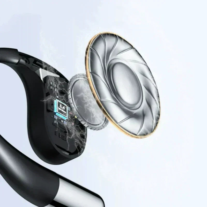 Arenzza wireless open-ear earbuds with LED display, 3C electronic device, showing sleek design and open-ear fit in a clear image.