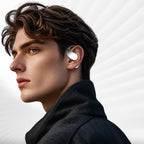 Arenzza wireless open-ear earbuds with LED display, sleek 3C design, showing the earbuds resting on a surface with LED lights.