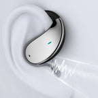 Arenzza wireless open-ear earbuds with LED display, 3C product, showing sleek design and open-ear fit in a close-up view.