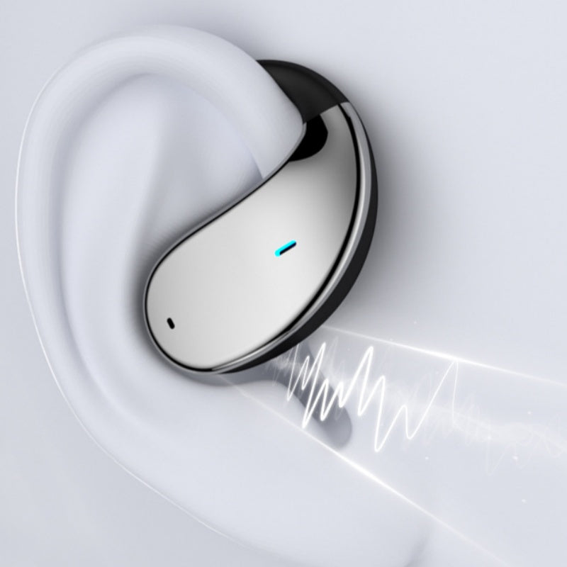 Arenzza wireless open-ear earbuds with LED display, 3C product, showing sleek design and open-ear fit in a close-up view.