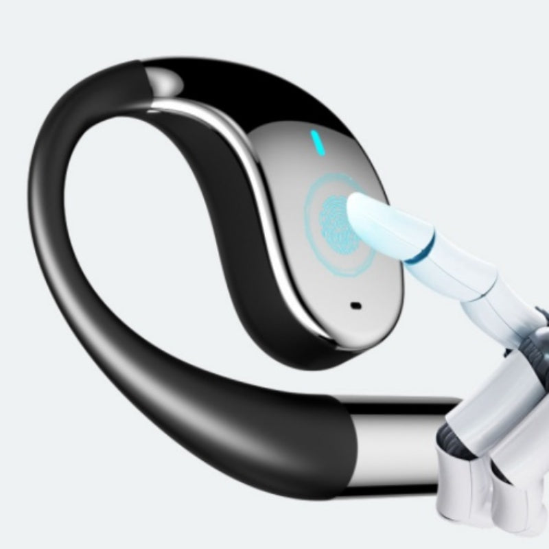 Arenzza wireless open-ear earbuds with LED display, 3C product, showing sleek design and open-ear fit for comfortable listening.
