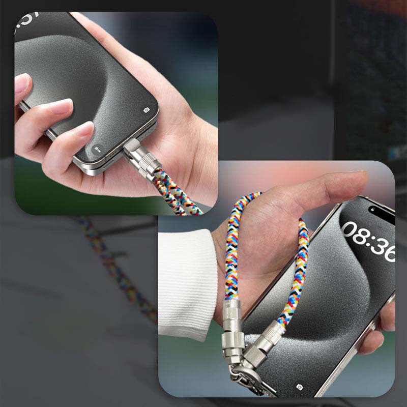 Arenzza 2-in-1 phone lanyard charging cable with USB and lightning connectors, designed for convenient mobile device charging and carrying.