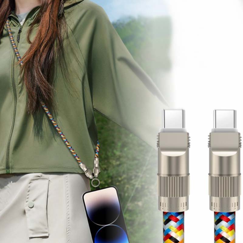 Arenzza 2-in-1 phone lanyard charging cable for 3C devices, showing the cable with lanyard and USB connectors.