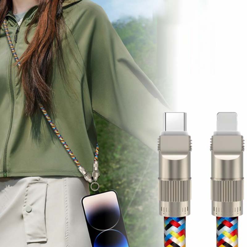 Arenzza 2-in-1 phone lanyard charging cable for 3C devices, with USB and charging connectors, displayed with the cable and lanyard design.