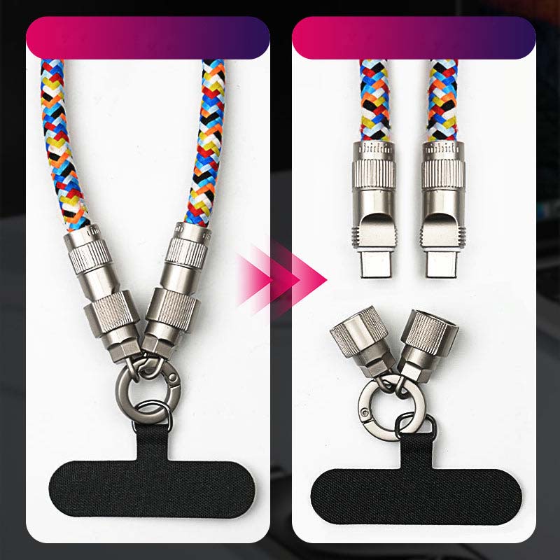 Arenzza 2-in-1 phone lanyard charging cable for 3C devices, featuring a compact design with integrated charging and lanyard attachment.