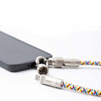 Arenzza 2-in-1 phone lanyard charging cable with USB and Type-C connectors, designed for convenient mobile device charging and portability.