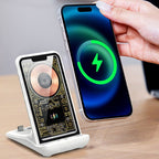 Arenzza 100W wireless fast charger and phone holder with sleek design and adjustable stand for convenient phone charging.